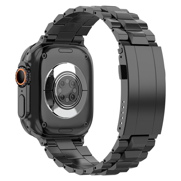 Back view of a black titanium link watch band fitted to an Apple Watch
