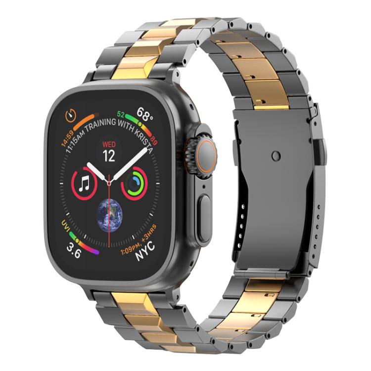 Titanium watch band with a two-tone gray and gold link design, shown on an Apple Watch.