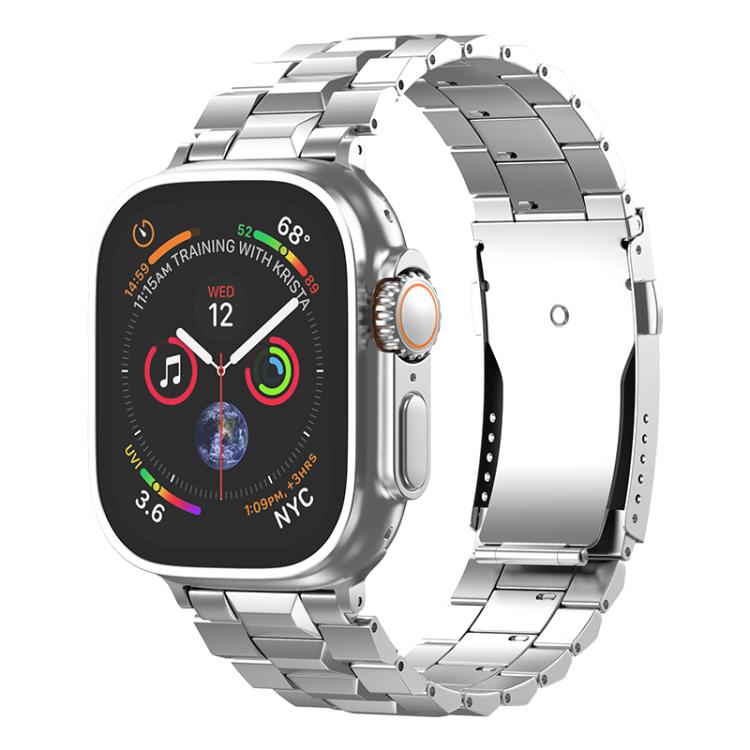 Polished silver titanium watch band with linked metal segments, shown on an Apple Watch.