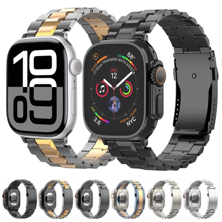 Titanium metal watch band shown in silver, black, and two-tone finishes on Apple Watches