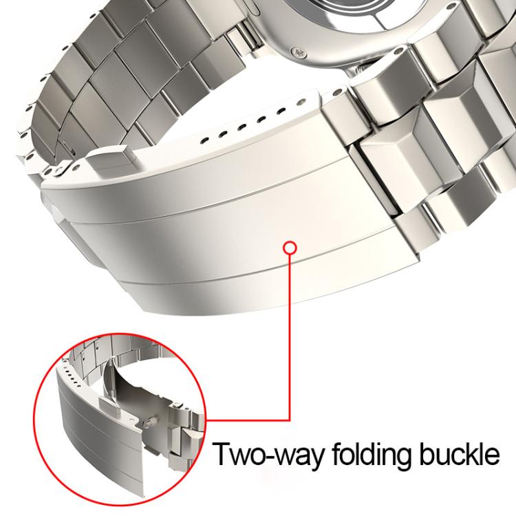 Close-up of the silver titanium band's two-way folding clasp