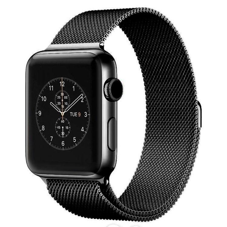 Black Milanese metal watch band fitted to a black smartwatch