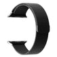 Black Milanese metal watch band with magnetic clasp, shown unfastened
