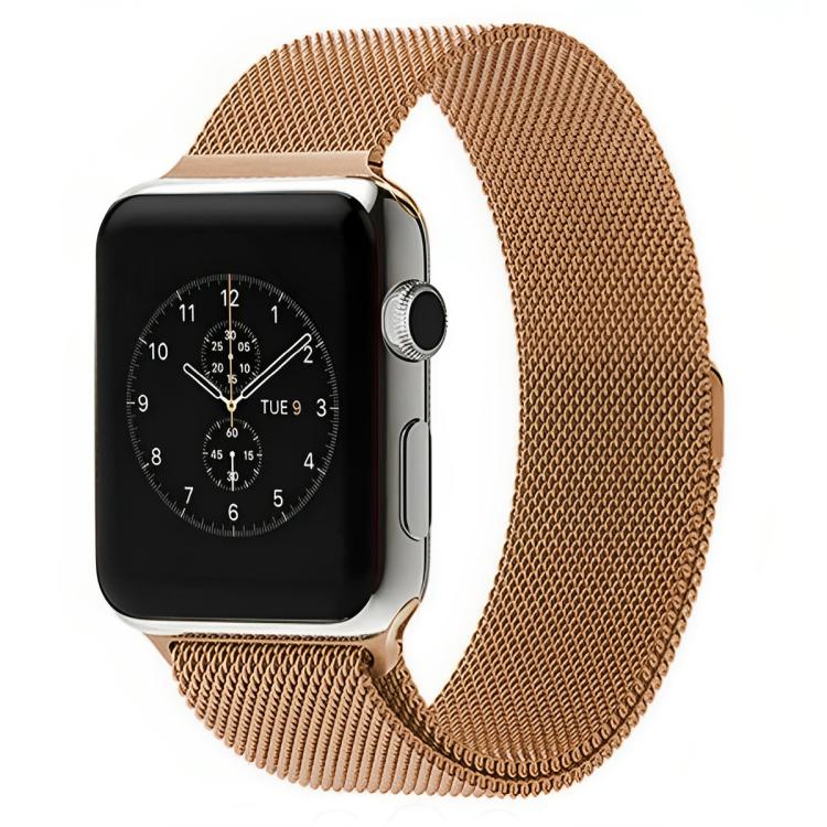 Rose gold Milanese metal watch band fitted to a smartwatch
