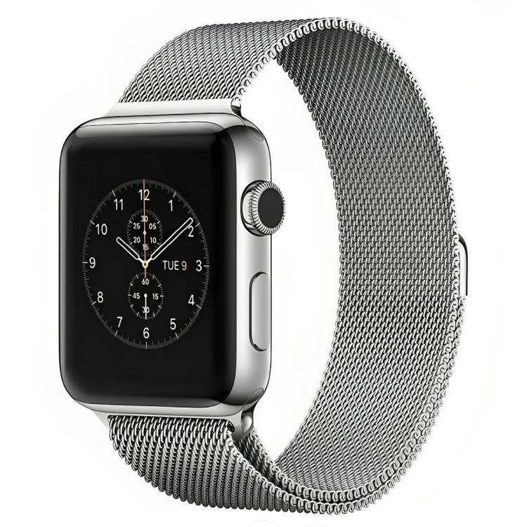Silver Milanese metal watch band fitted to a smartwatch