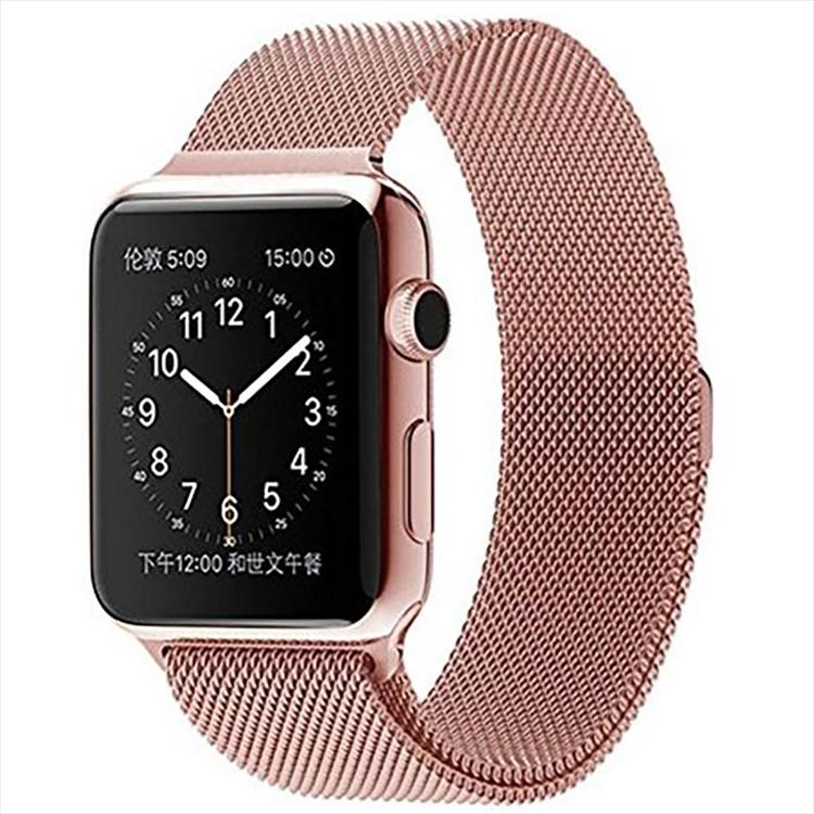 Rose gold Milanese loop metal watch band shown on a smartwatch