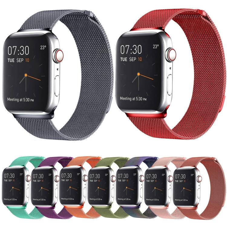 Milanese loop watch bands in dark gray, red, and assorted colors