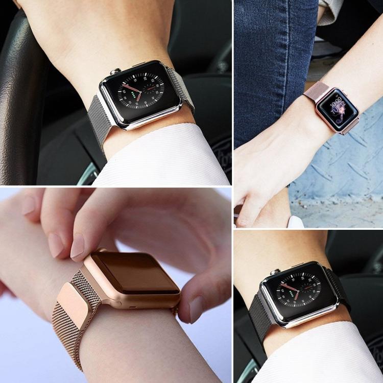 Milanese metal watch band shown worn in silver, rose gold, and dark colors