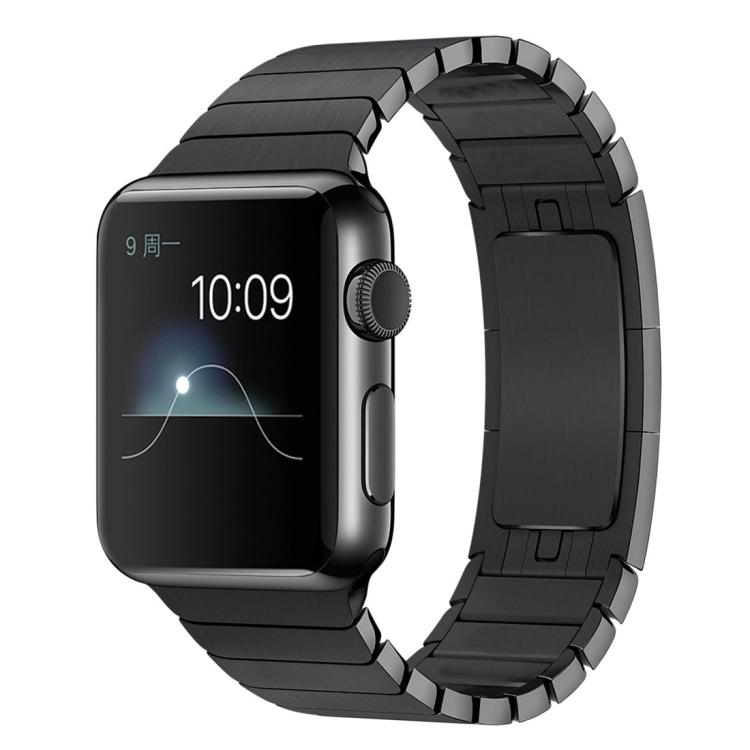 Black stainless steel Apple Watch band with linked metal segments, shown attached to a watch.
