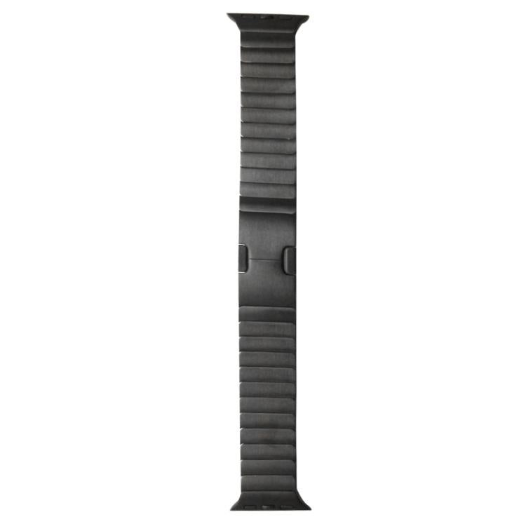 Black stainless steel Apple Watch band with rows of articulated metal links.