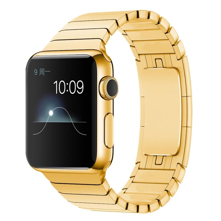 Gold stainless steel Apple Watch band with linked segments, shown attached to a watch.
