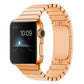 Rose gold stainless steel Apple Watch band with linked segments, shown attached to a watch.