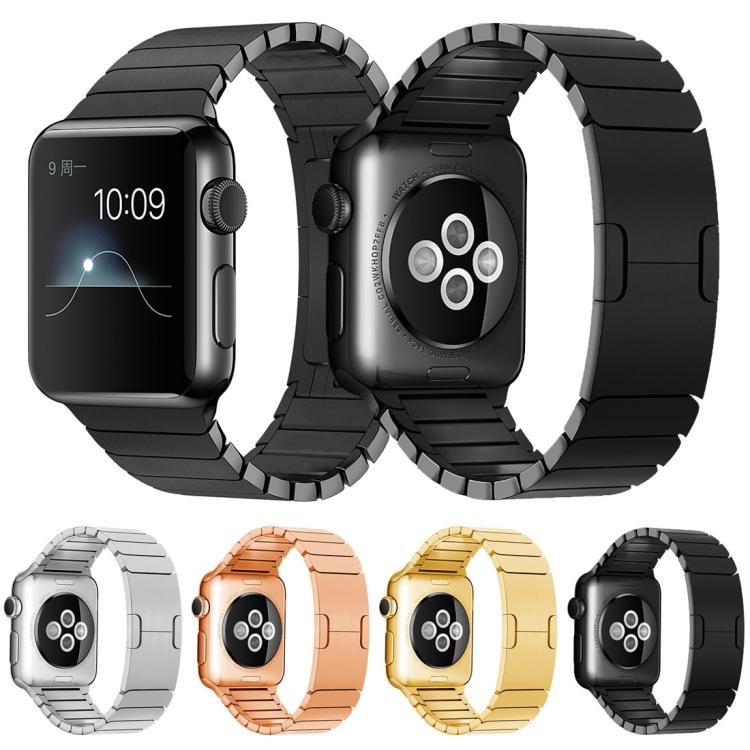 Black stainless steel Apple Watch band shown with front, back, and color options.