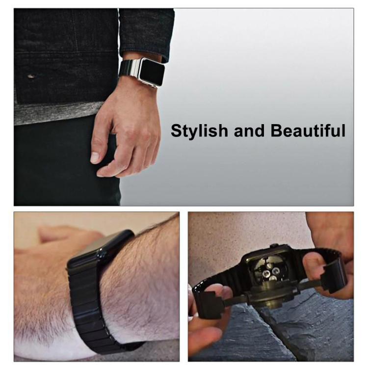 Black stainless steel watch band shown worn and with its adjustable clasp