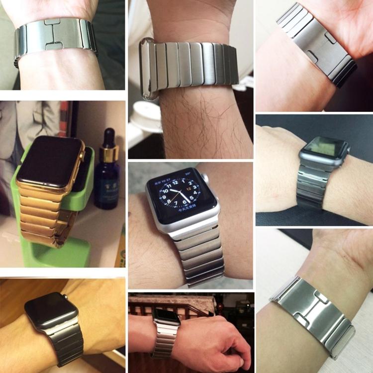 Stainless steel watch bands shown worn in silver and gold finishes