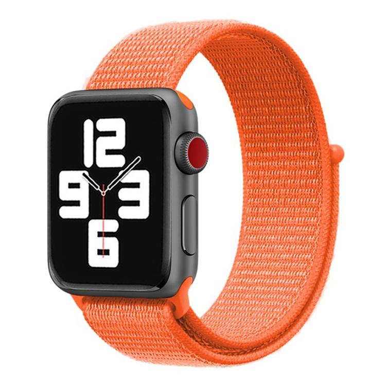 Orange nylon hook-and-loop watch band wrapped around a smartwatch
