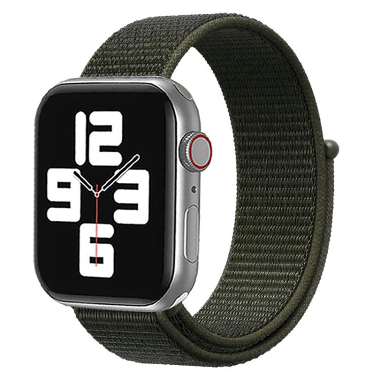 Dark olive nylon hook-and-loop watch band wrapped around a smartwatch