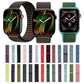 Nylon hook-and-loop watch bands shown on Apple Watches, with assorted colors below