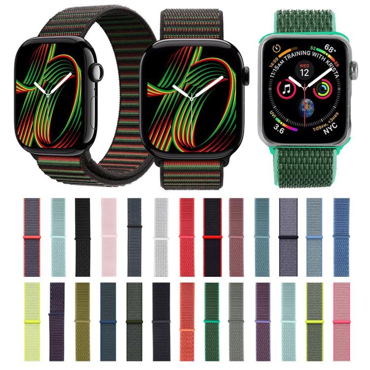 Nylon hook-and-loop watch bands shown on Apple Watches, with assorted colors below
