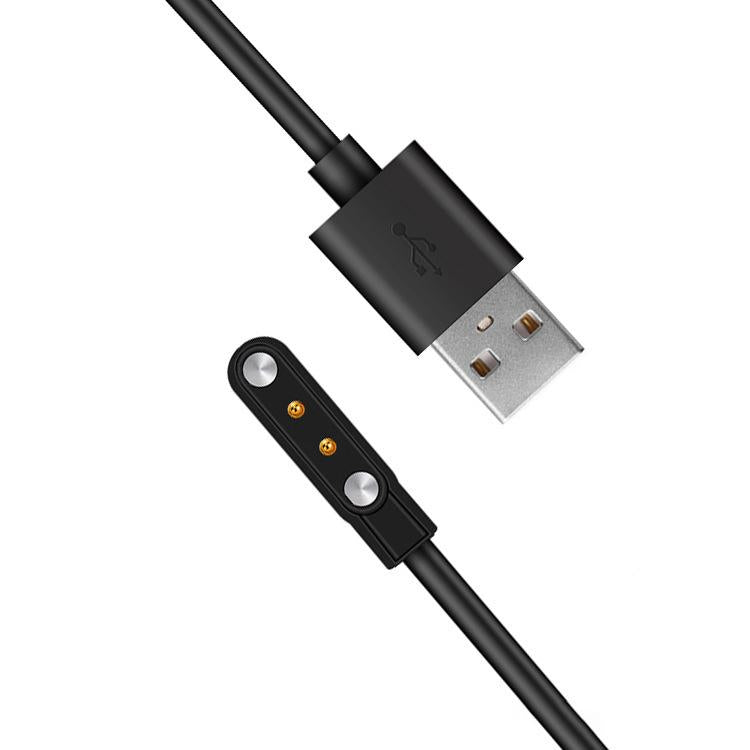 Close-up of USB-A plug and magnetic charging tip on a black smartwatch cable