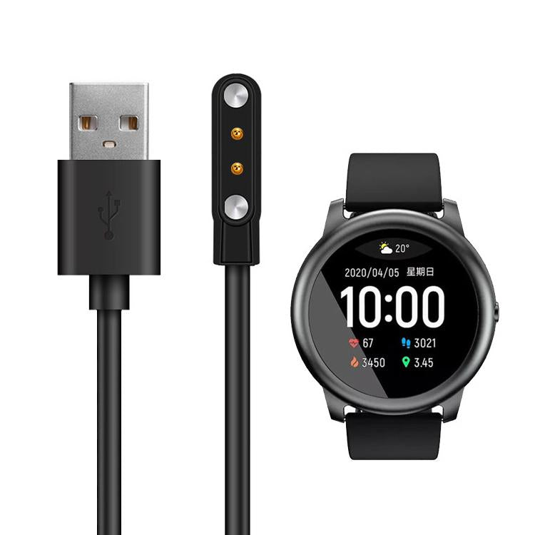 Black magnetic charging cable with USB-A plug and charging tip beside a round Haylou smartwatch