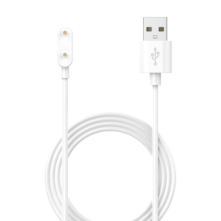 White magnetic USB charging cable with two-pin watch connector and coiled 1 m cord