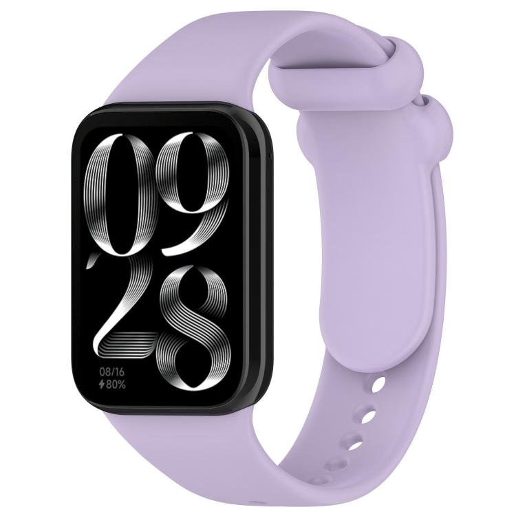 Light purple silicone watch band with black smartwatch, shown from the front
