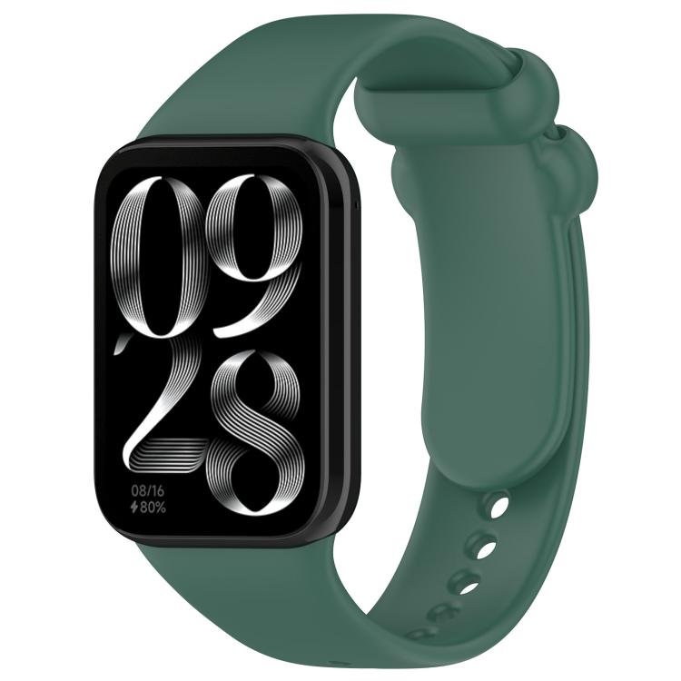 Dark green silicone smartwatch band with buckle, shown attached to a black smartwatch