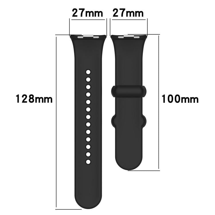Black silicone watch band in two pieces, with measurements of 27 mm wide and 128 mm and 100 mm long