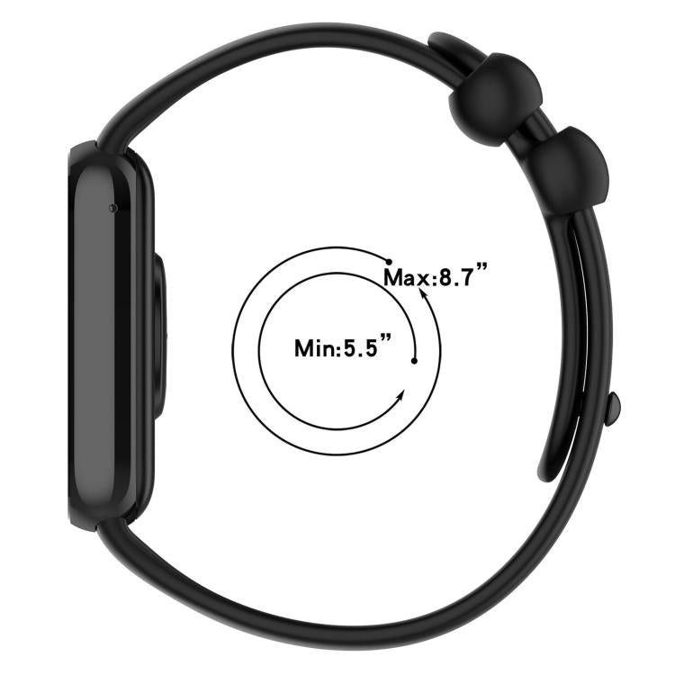 Black silicone watch band shown in a loop, with a 5.5 to 8.7 inch wrist fit