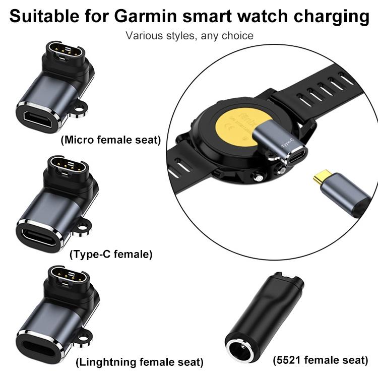 Garmin watch charging adapter shown with Micro-USB, USB-C, Lightning and Garmin-style connectors