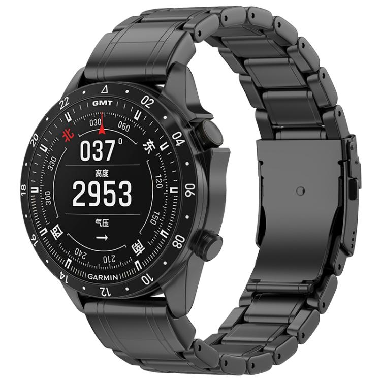 Black titanium metal watch band with safety clasp, shown on a Garmin watch