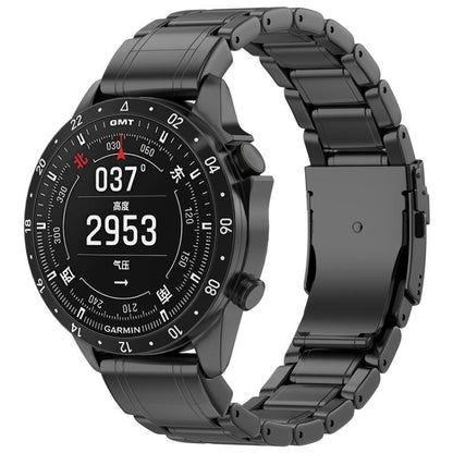 Black titanium metal watch band with safety clasp, shown on a Garmin watch