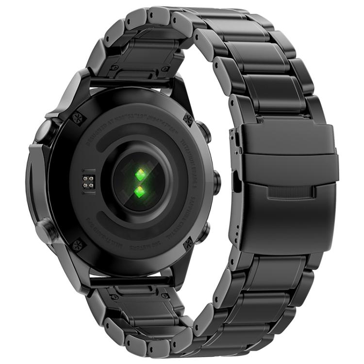 Back view of a black titanium watch band and clasp fitted to a Garmin watch