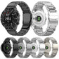 Garmin watch bands in black, gray, titanium color, and silver, shown front and back