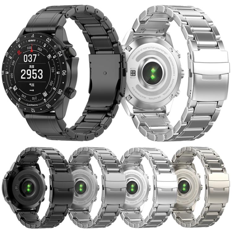 Garmin watch bands in black, gray, titanium color, and silver, shown front and back