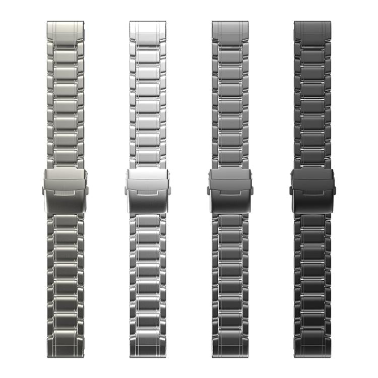 Titanium metal watch bands in silver, gray, dark gray, and black with linked sections