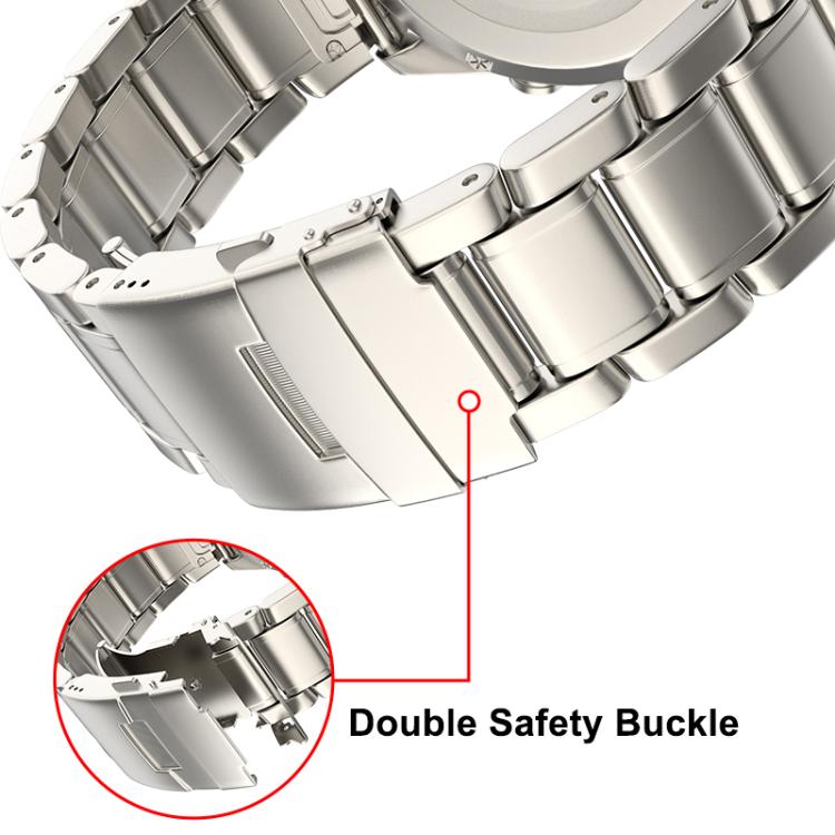 Silver titanium watch band with a double safety buckle and adjustable metal links