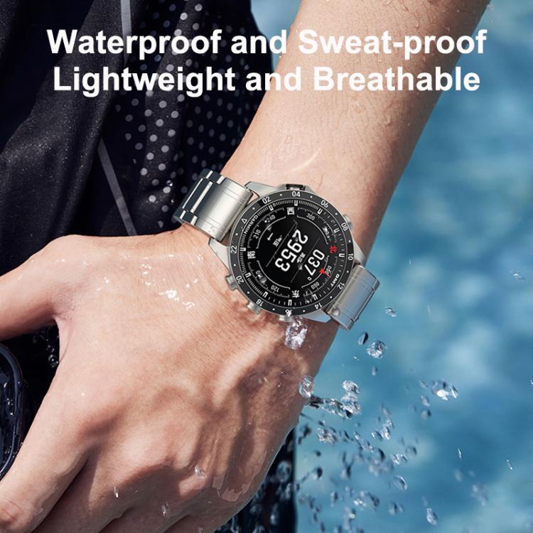 Silver linked titanium watch band worn with a round sports watch