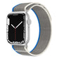 Dual-section gray nylon watch band with blue and white trim.