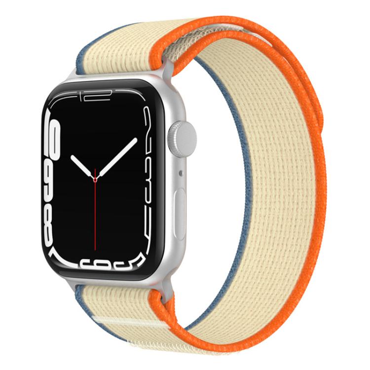 Dual-section nylon watch band in cream with orange and blue trim.