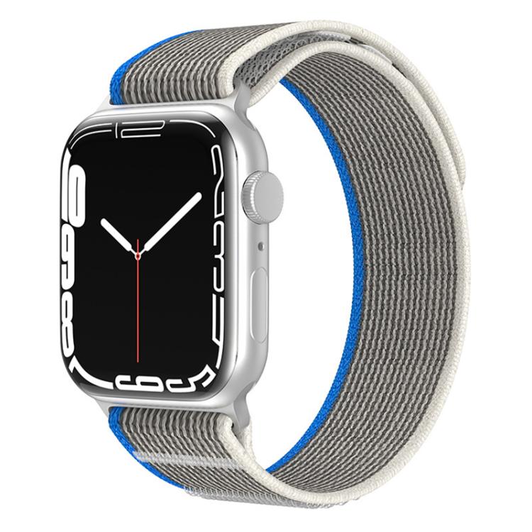 Dual-section gray nylon watch band with blue and white trim.