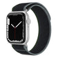 Black and gray dual-section nylon loop watch band on a silver smartwatch