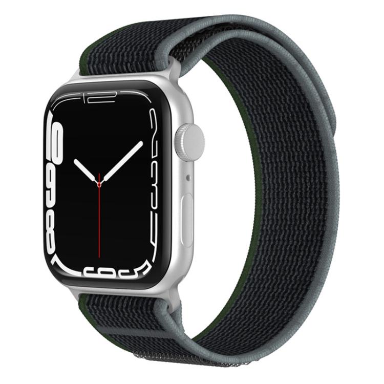 Black and gray dual-section nylon loop watch band on a silver smartwatch