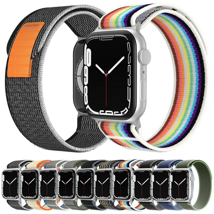 Assorted dual-section nylon loop watch bands shown on watches and as a color range