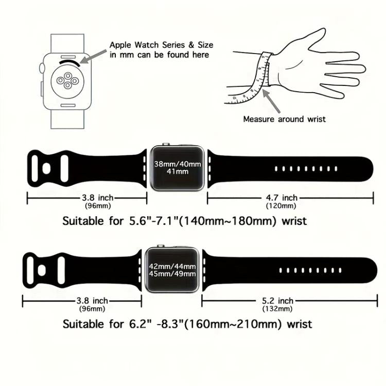 Silicone Apple Watch band sizing guide with strap lengths and wrist measurements