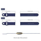 Navy silicone watch band in 20 mm and 22 mm sizes, with length measurements
