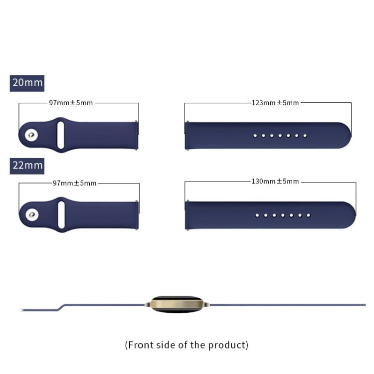 Navy silicone watch band in 20 mm and 22 mm sizes, with length measurements