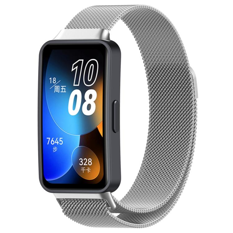 Silver Milanese metal watch band attached to a rectangular smartwatch