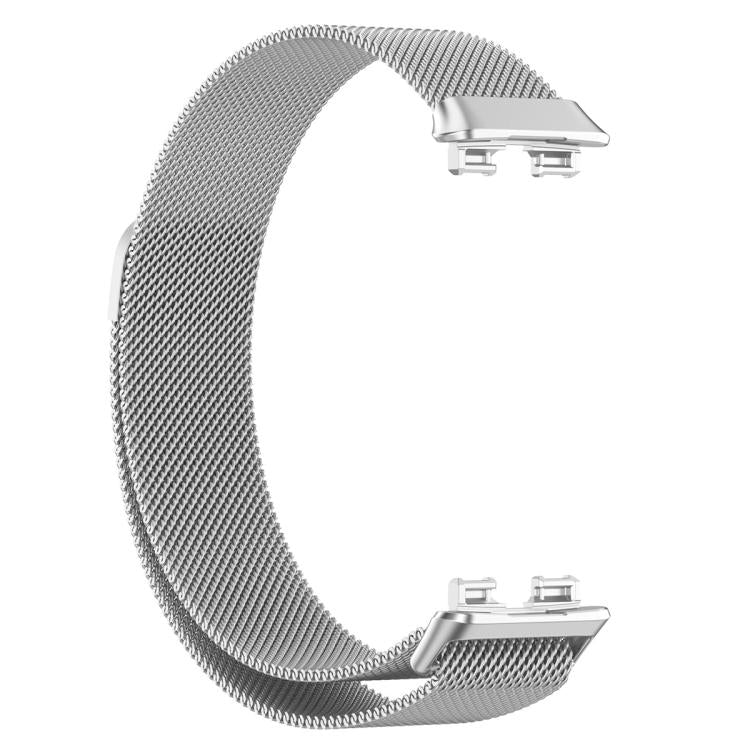 Silver Milanese metal watch band with connector ends.